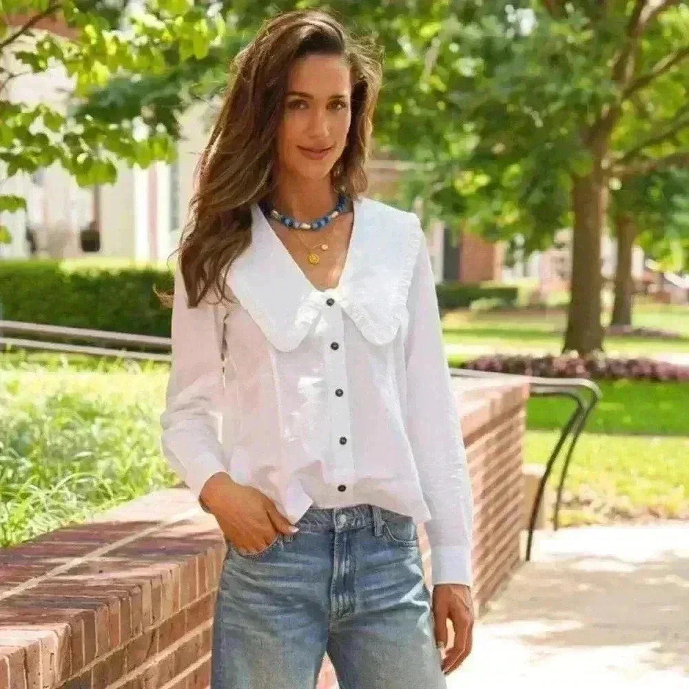 Ganni White Button-Front Blouse with Oversized Collar
